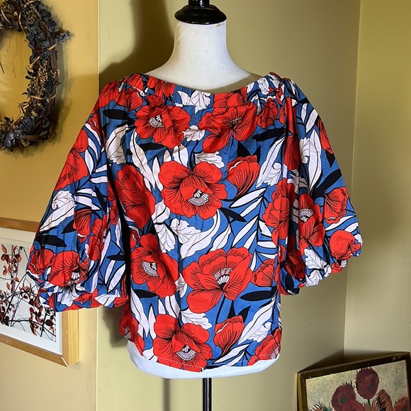 Vtg HILO HATTIE Size XXL Hawaiian On/Off Shoulder Top Balloon Sleeve Vibrant - Picture 1 of 13